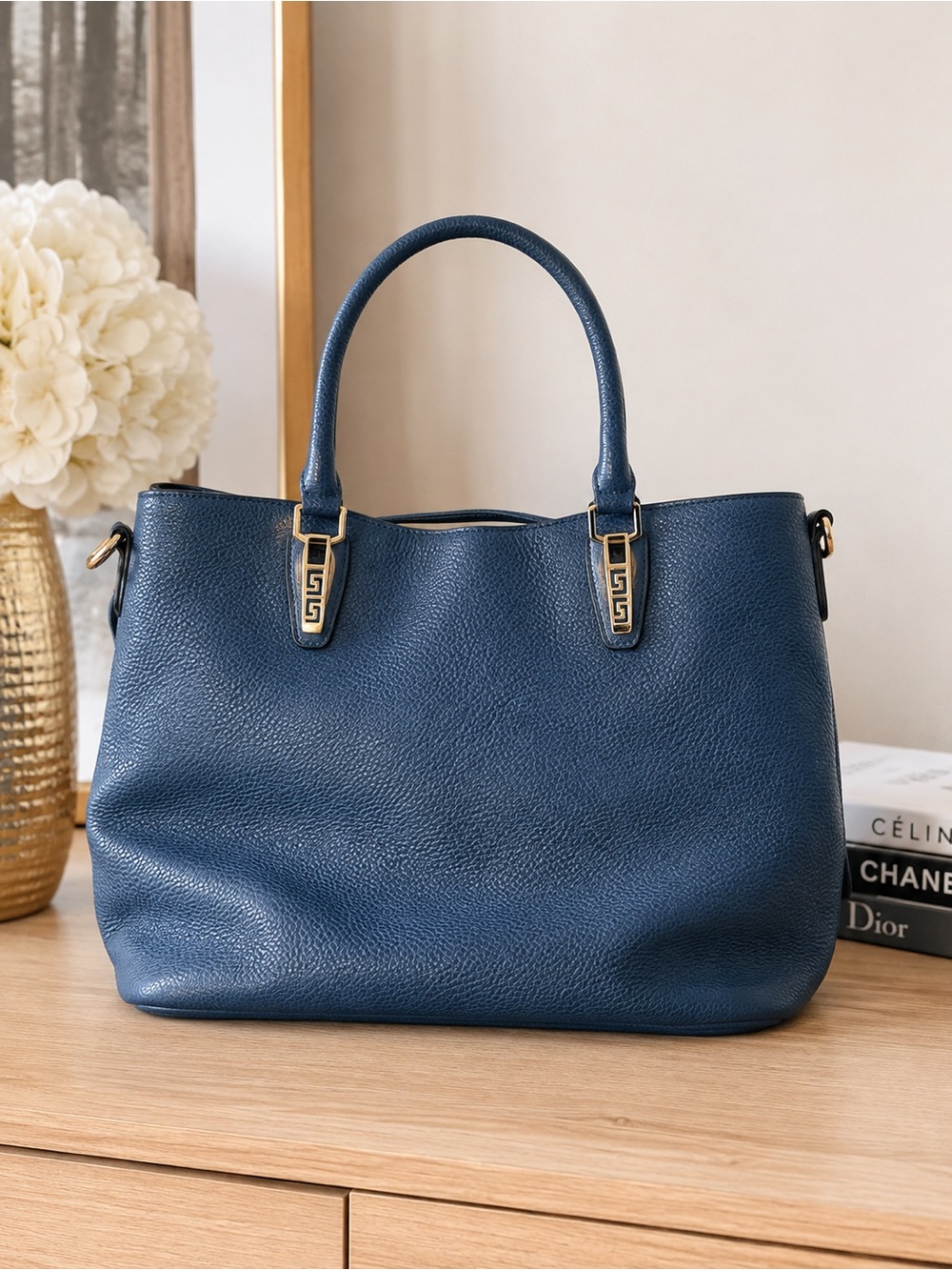 Elegant Vegan Leather Navy Shoulder Bag with Gold Accents